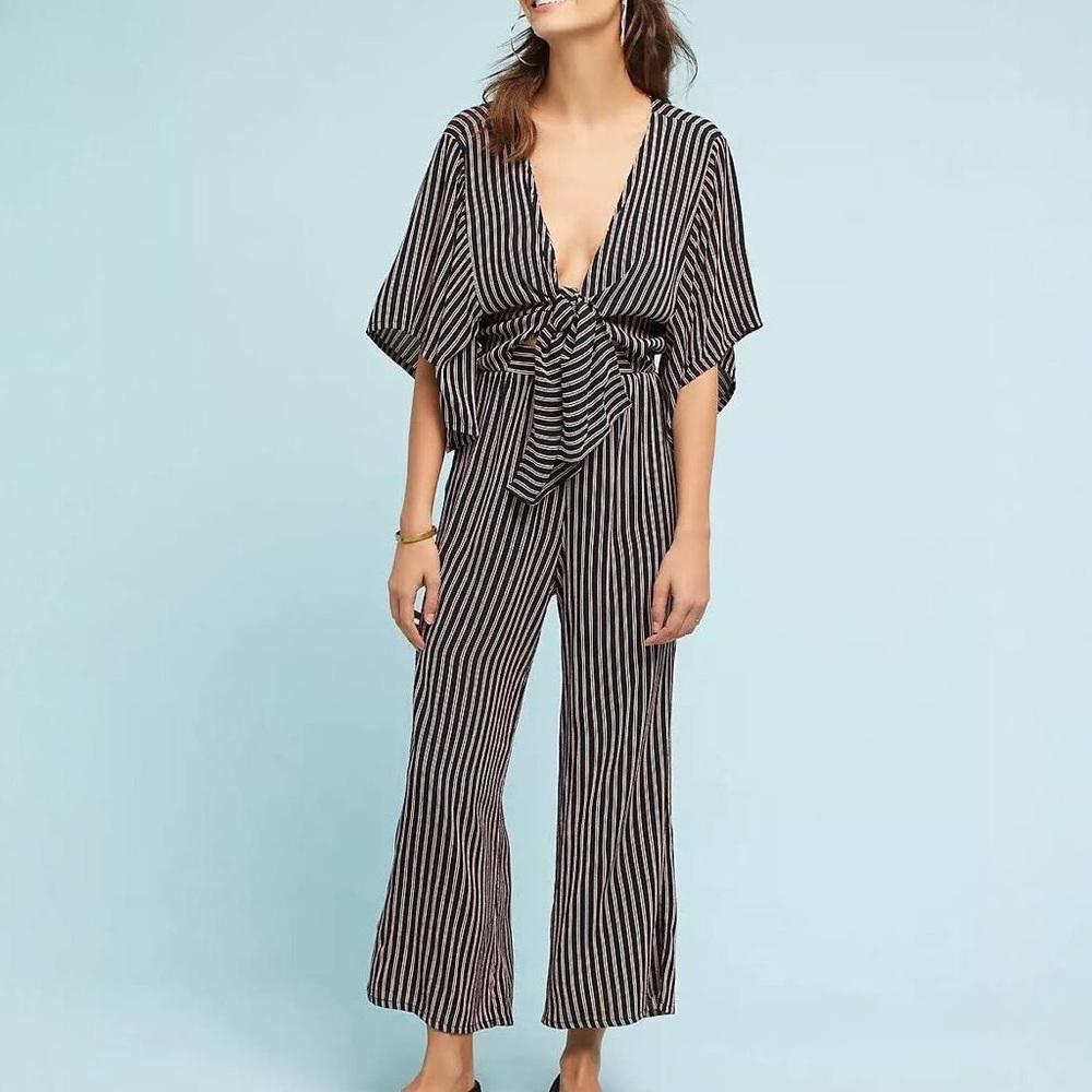 FAITHFULL Tie-Front Wide-Leg Tilos Jumpsuit in Navy Cream and Red stripe, size 2